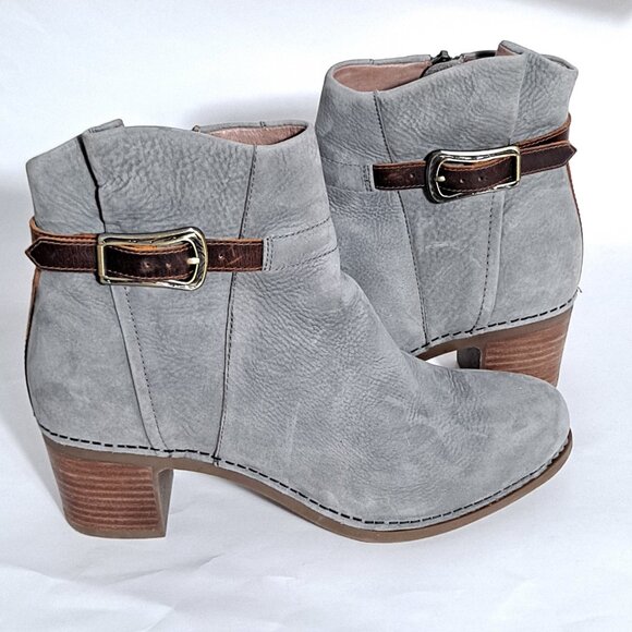 Dansko Hartley Grey Blue Distressed Leather Heel Boots Buckle 39 - Picture 1 of 9